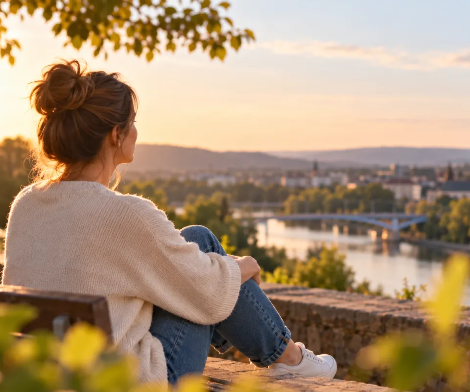 Sophrologue Yutz : illustration d'une femme profitant d'un moment de calme au bord d'une rivière, face à une ville